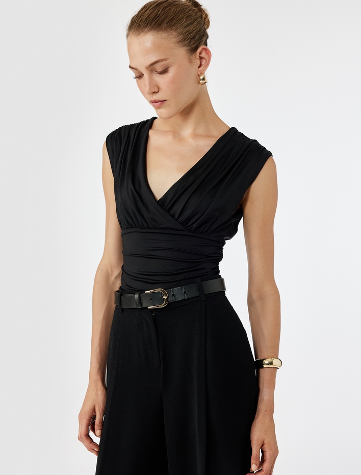  Slim Fit Drapeli Kruvaze Kolsuz Bluz