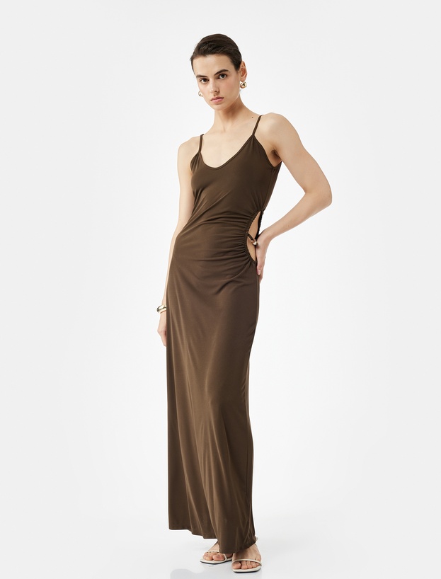 Slim Fit Boncuk Detaylı Midi Boy İnce Askılı Pencere Detaylı Elbise_0
