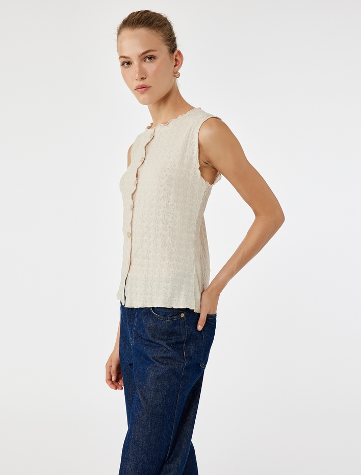  Bürümcük Kumaş Slim Fit Bisiklet Yaka Dokulu Kolsuz Düğmeli Bluz