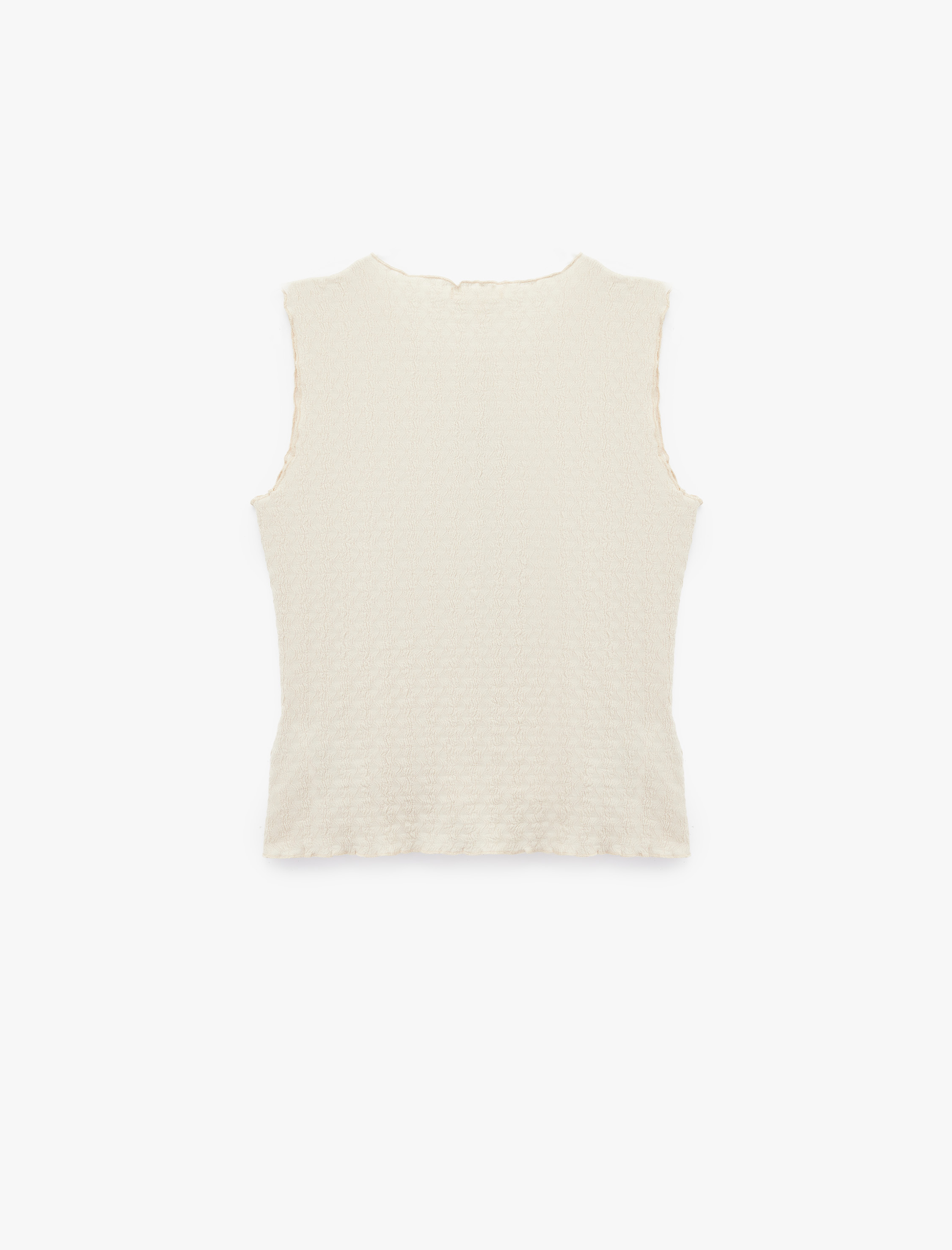   Bürümcük Kumaş Slim Fit Bisiklet Yaka Dokulu Kolsuz Düğmeli Bluz