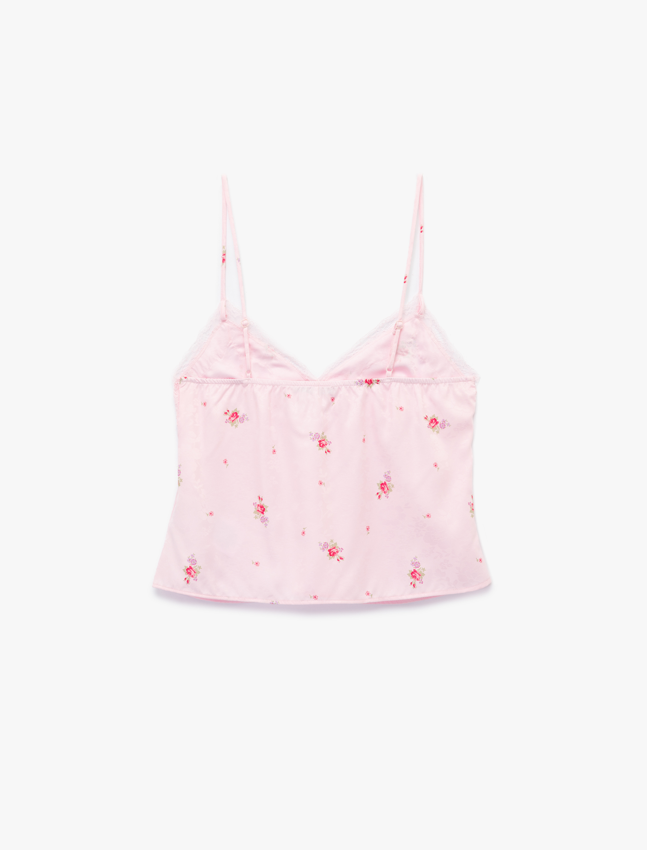   Dantelli Kolsuz Çiçek Baskılı Askılı Pijama Üstü