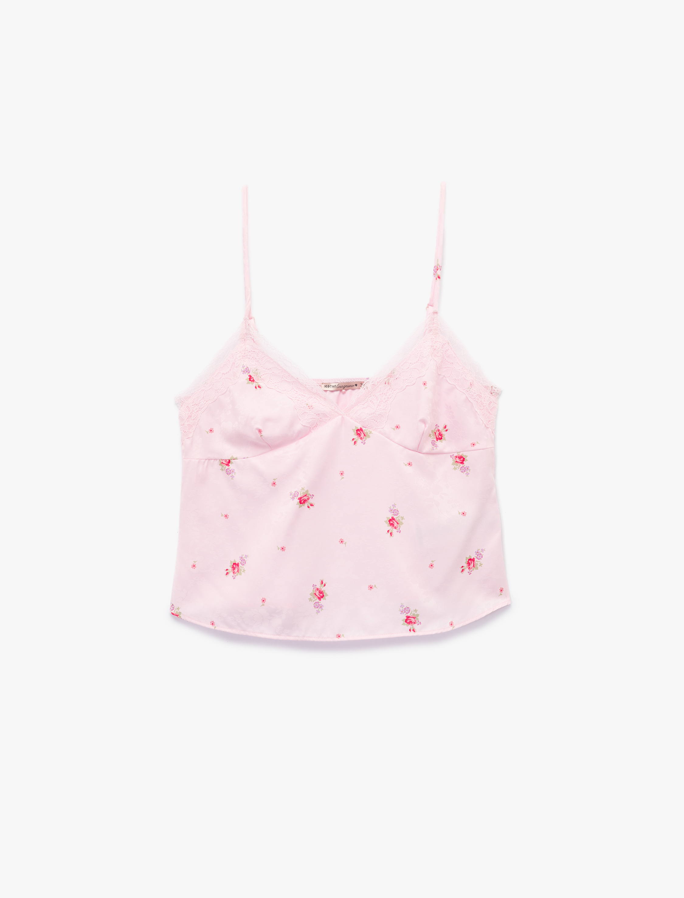   Dantelli Kolsuz Çiçek Baskılı Askılı Pijama Üstü