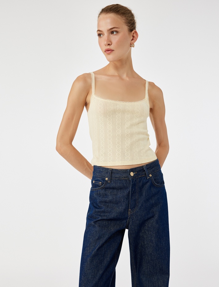  Pamuklu Slim Fit Dantel Detaylı İnce Askılı Crop Atlet