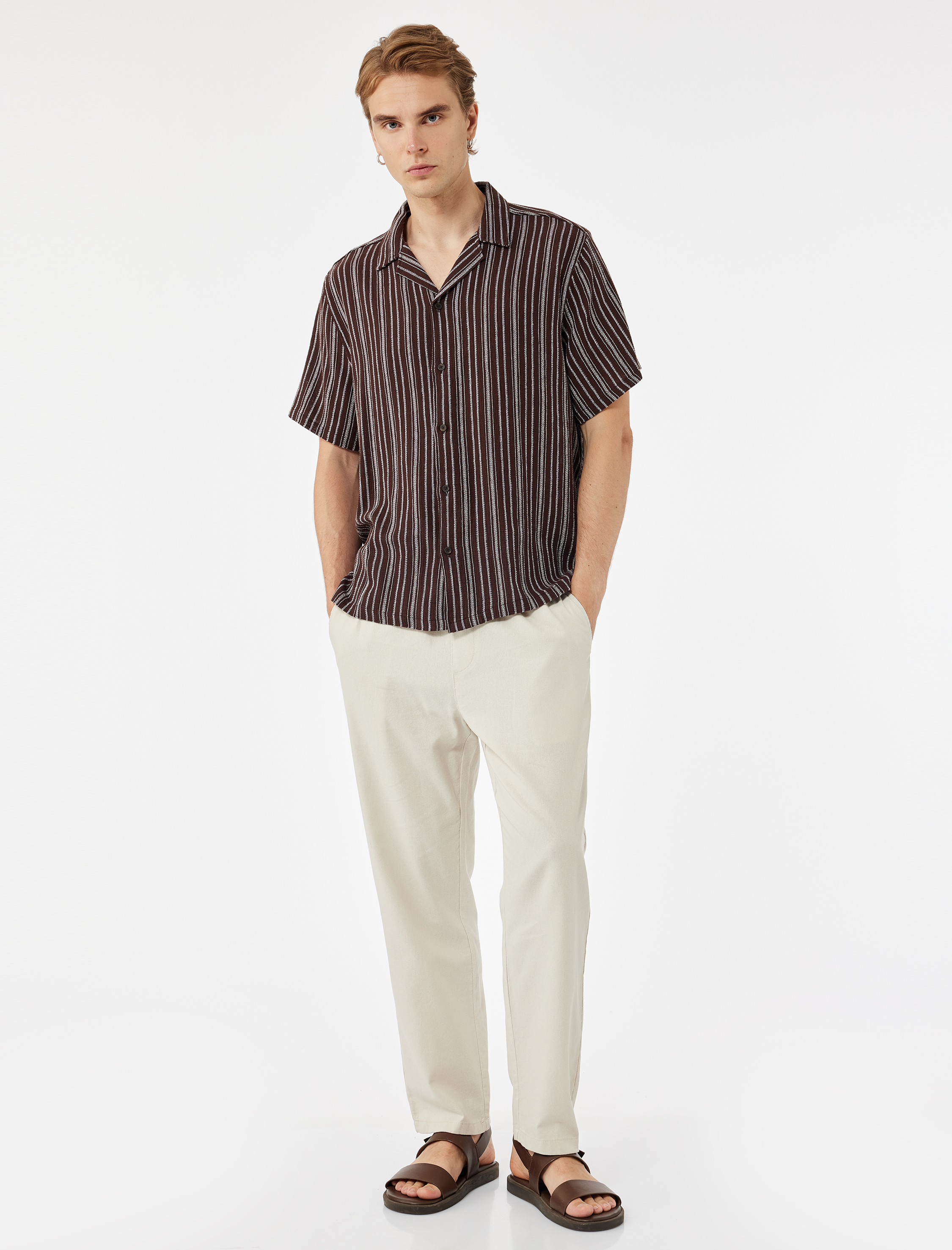   Pamuk Keten Karışımlı Cep Detaylı Beli Bağcıklı Pantolon