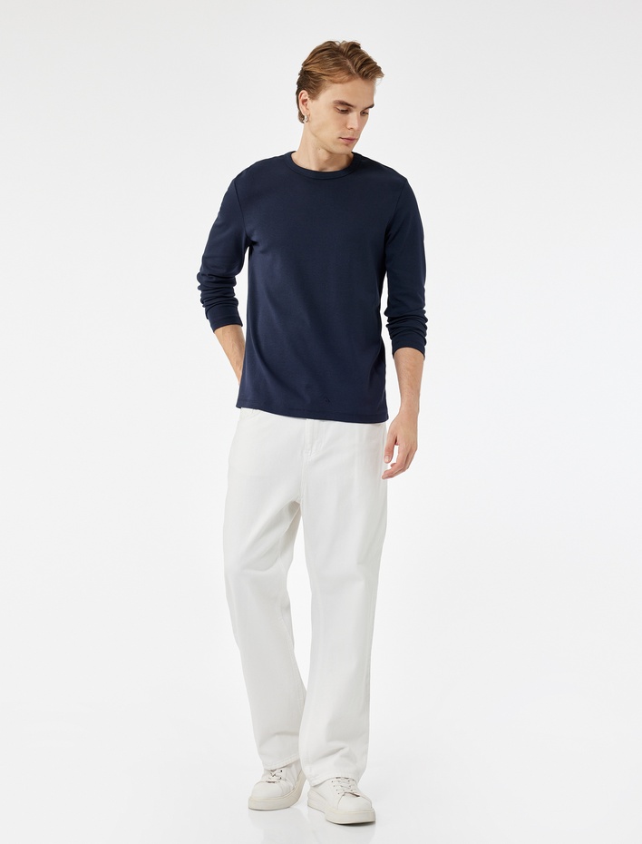  Pamuklu Bisiklet Yaka Basic Slim Fit Uzun Kollu Tişört