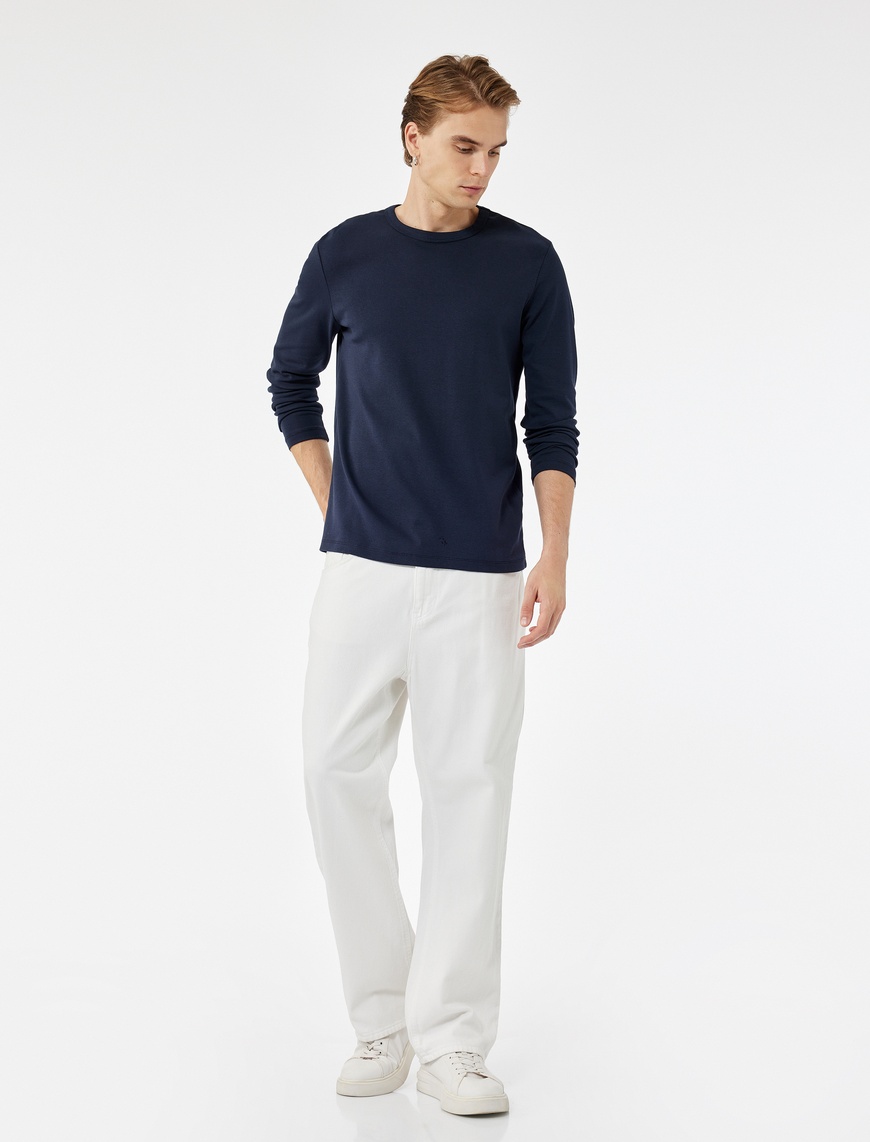   Pamuklu Bisiklet Yaka Basic Slim Fit Uzun Kollu Tişört