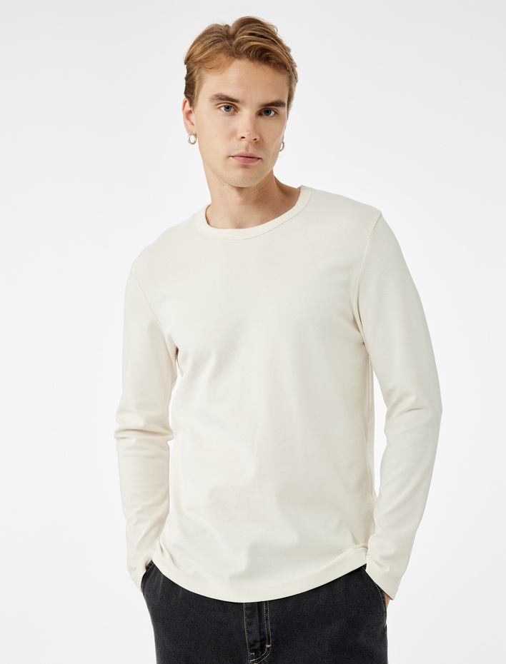  Pamuklu Bisiklet Yaka Basic Slim Fit Uzun Kollu Tişört