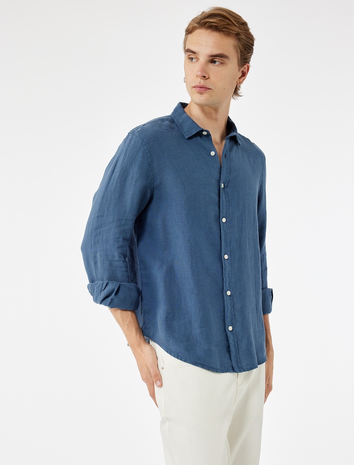  Regular Fit Düğmeli Klasik Yaka Uzun Kollu Keten Gömlek