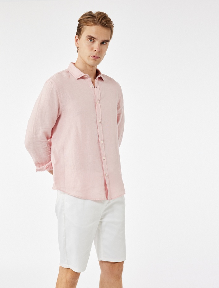  Regular Fit Düğmeli Klasik Yaka Uzun Kollu Keten Gömlek