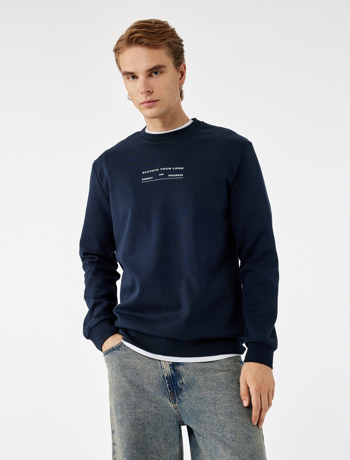  Uzun Kollu Pamuklu Bisiklet Yaka Baskılı Sweatshirt