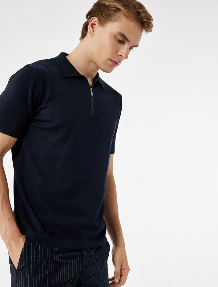  Viskon Regular Fit Polo Yaka Yarım Fermuarlı Kısa Kollu Triko Tişört