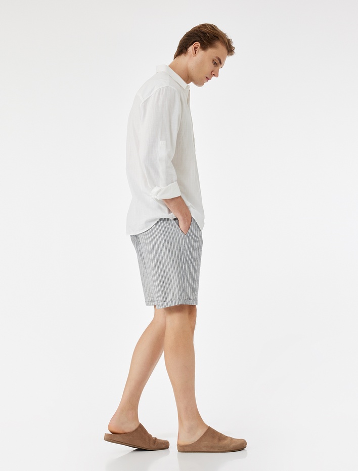  Pamuk Keten Karışımlı Cep Detaylı Beli Bağcıklı Bermuda Şort