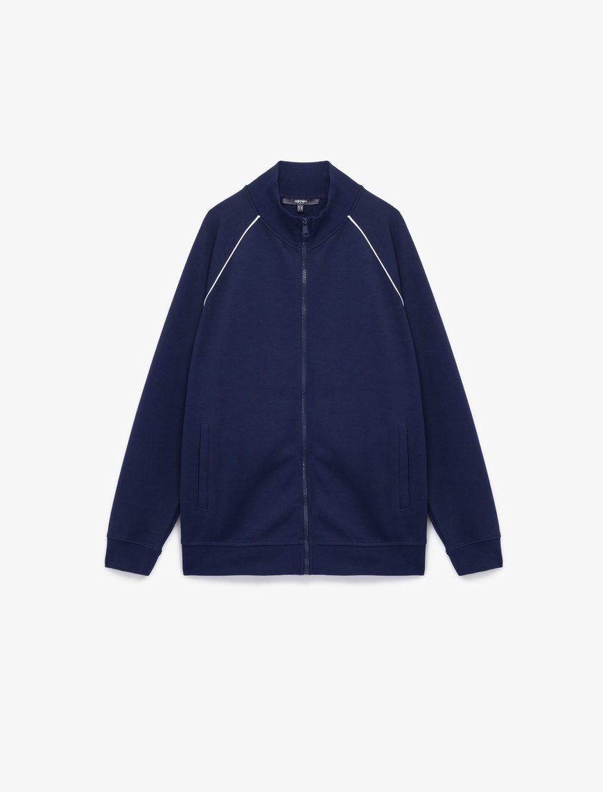   Uzun Kollu Çizgi Detaylı Cepli Pamuklu Dik Yaka Fermuarlı Sweatshirt