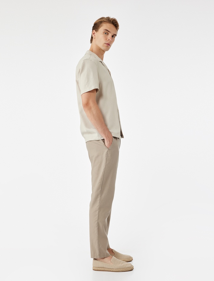  Keten Pamuk Karışımlı Cep Detaylı Beli Lastikli Düğmeli Pantolon