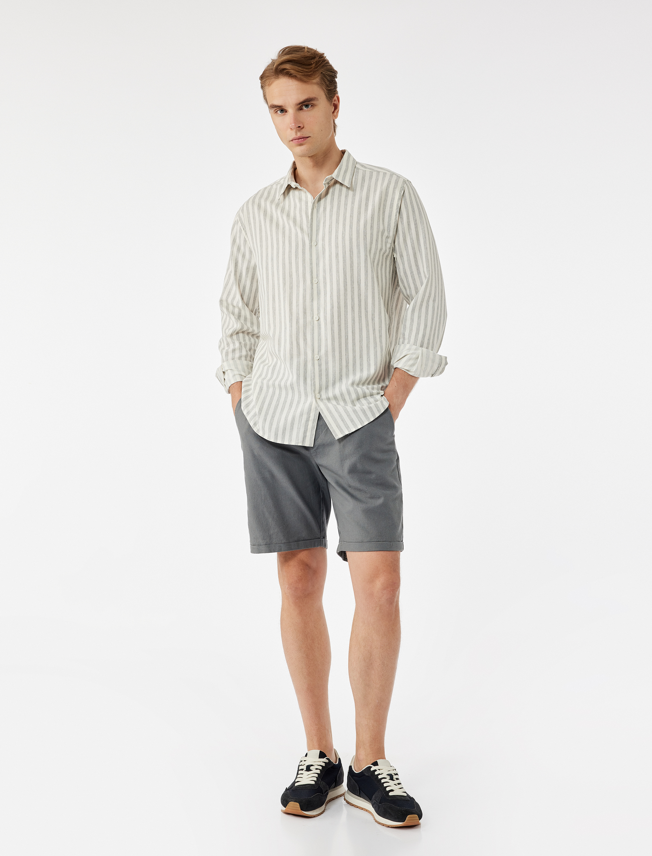   Keten Pamuk Karışımlı Cep Detaylı Beli Bağcıklı Şort