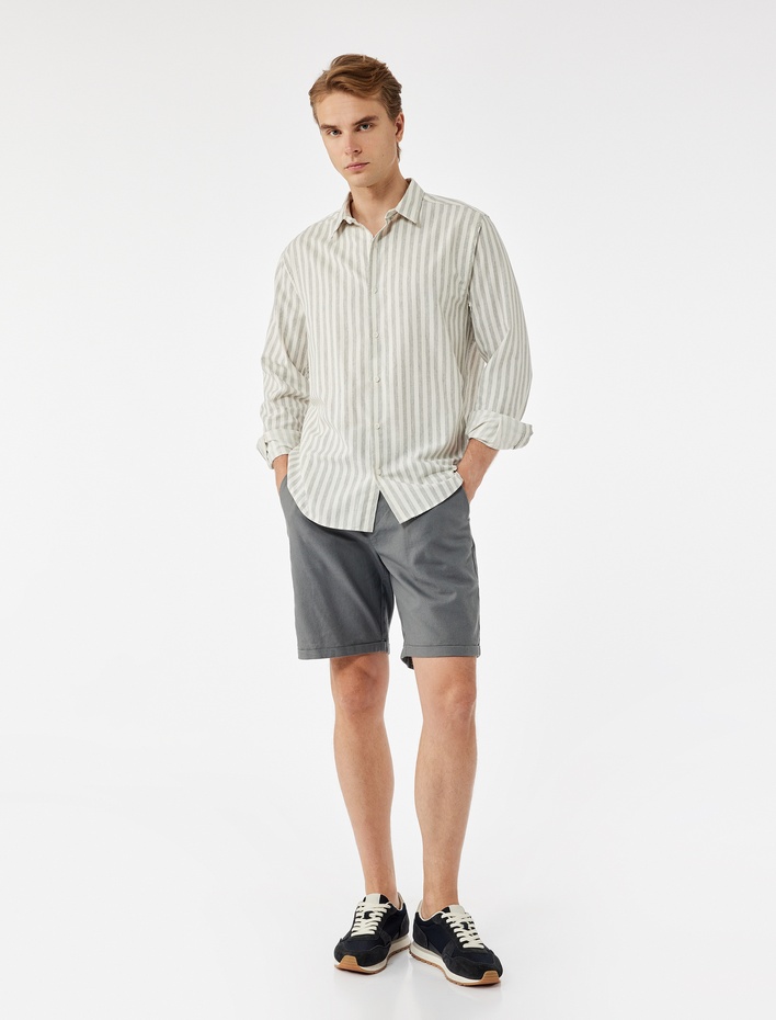  Keten Pamuk Karışımlı Cep Detaylı Beli Bağcıklı Şort