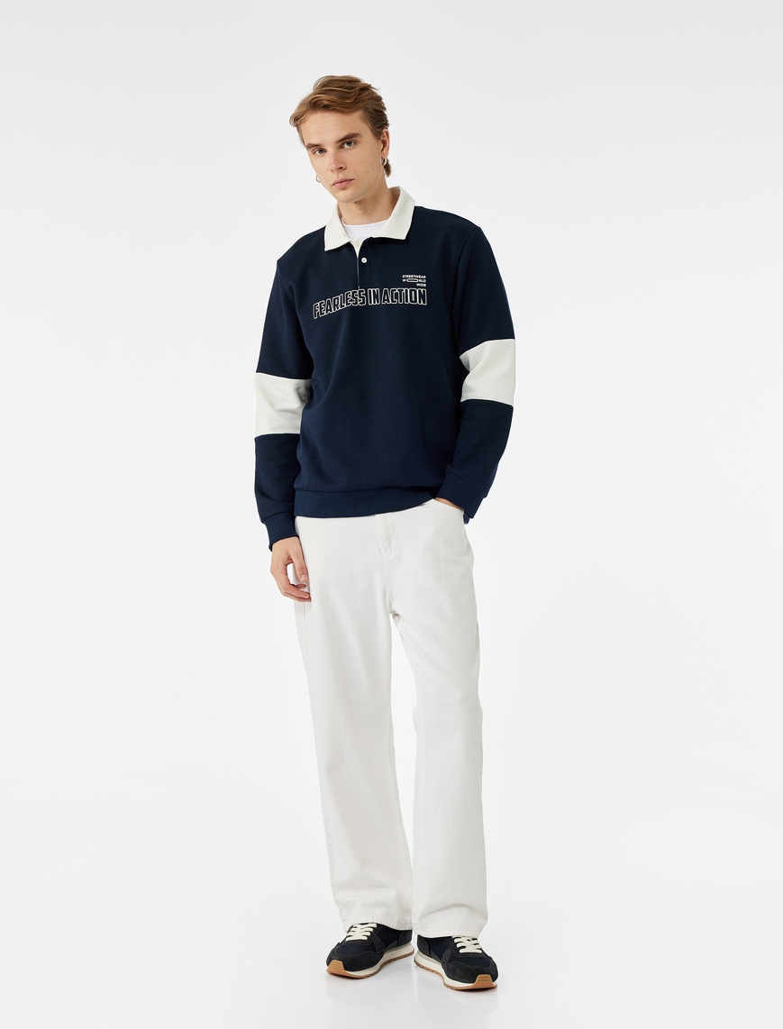   Uzun Kollu Renk Kontrastlı Baskılı Polo Yaka Sweatshirt