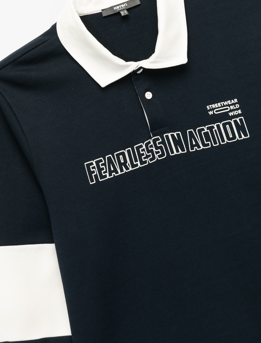   Uzun Kollu Renk Kontrastlı Baskılı Polo Yaka Sweatshirt
