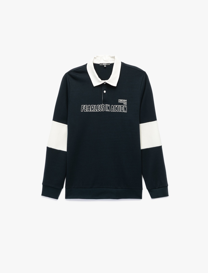   Uzun Kollu Renk Kontrastlı Baskılı Polo Yaka Sweatshirt