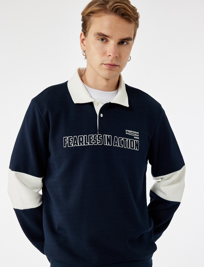  Uzun Kollu Renk Kontrastlı Baskılı Polo Yaka Sweatshirt