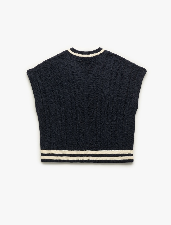 Kız Çocuk V Yaka Örgü Detaylı Triko Süveter