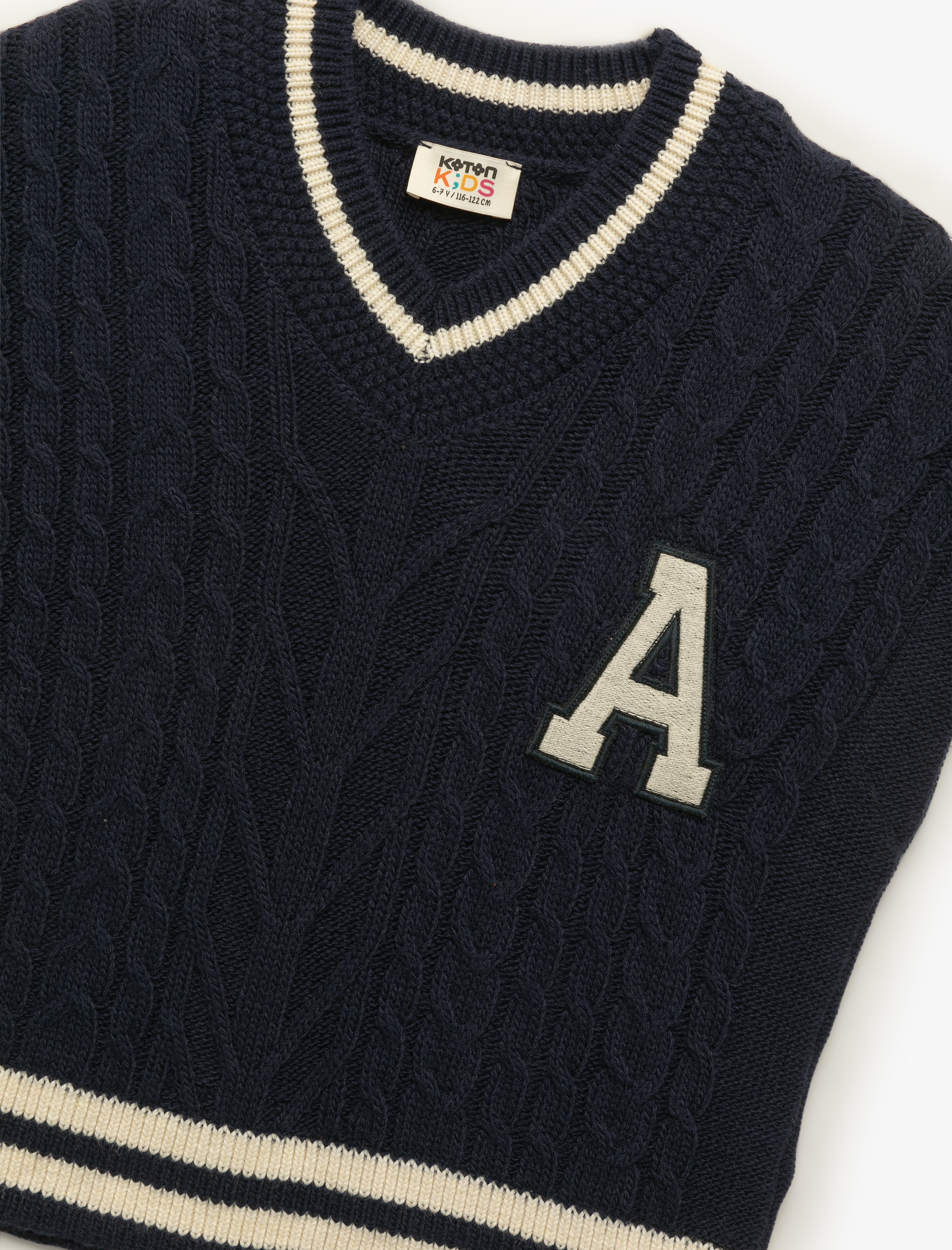  Kız Çocuk V Yaka Örgü Detaylı Triko Süveter