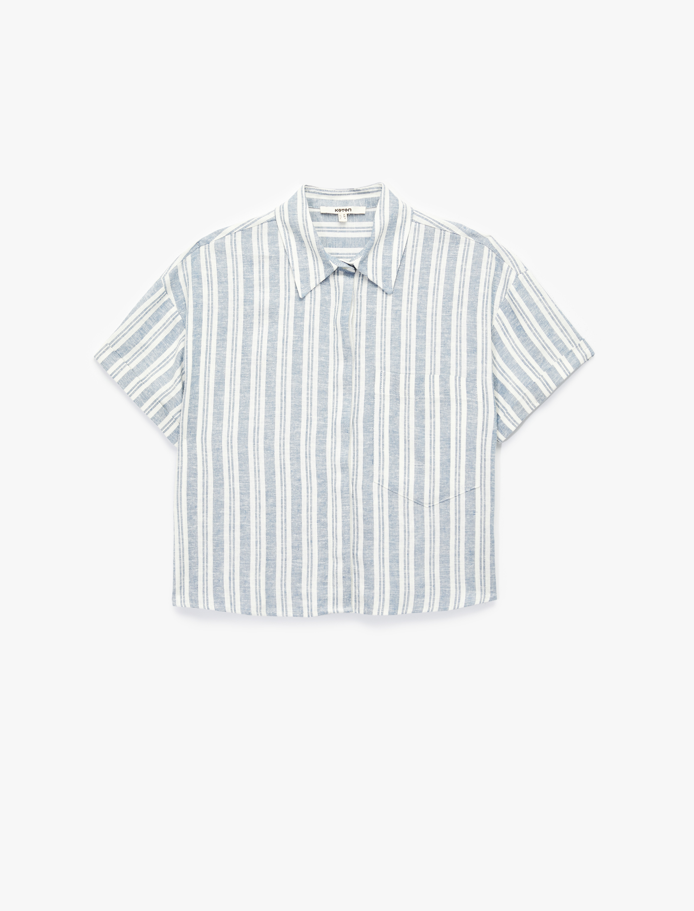   Regular Fit Kısa Kollu Düğmeli Cepli Çizgili Keten Gömlek