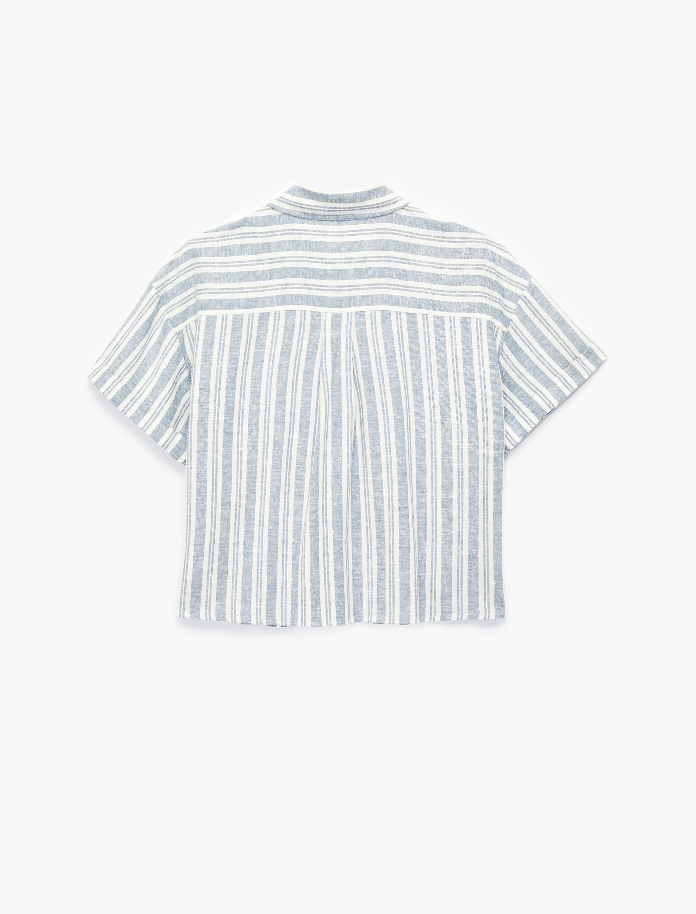   Regular Fit Kısa Kollu Düğmeli Cepli Çizgili Keten Gömlek