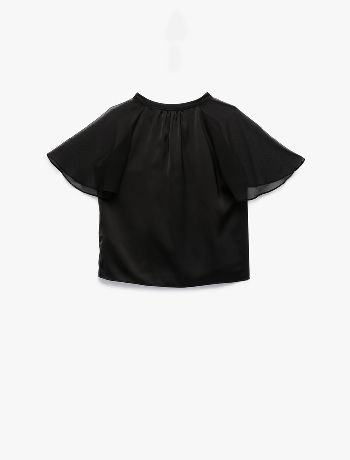  Tül Kısa Karpuz Kollu Bisiklet Yaka Bluz