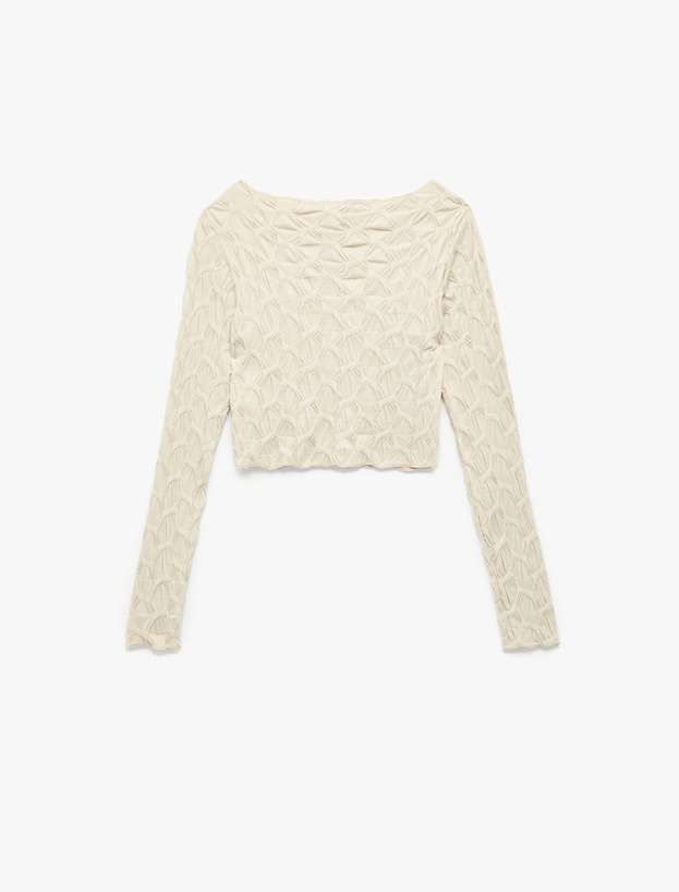 Uzun Kollu Dokulu Kayık Yaka Slim Fit Crop Tişört_1