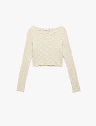 Uzun Kollu Dokulu Kayık Yaka Slim Fit Crop Tişört
