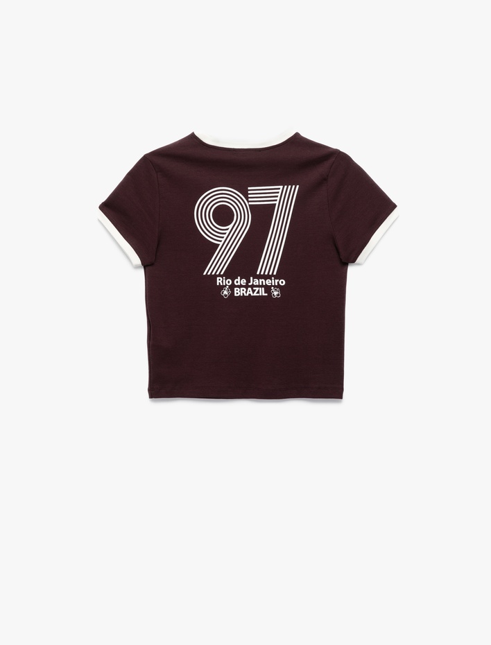  Slim Fit Çizgili Kısa Kollu Bisiklet Yaka Baskılı Tişört