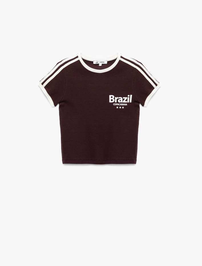 Slim Fit Çizgili Kısa Kollu Bisiklet Yaka Baskılı Tişört