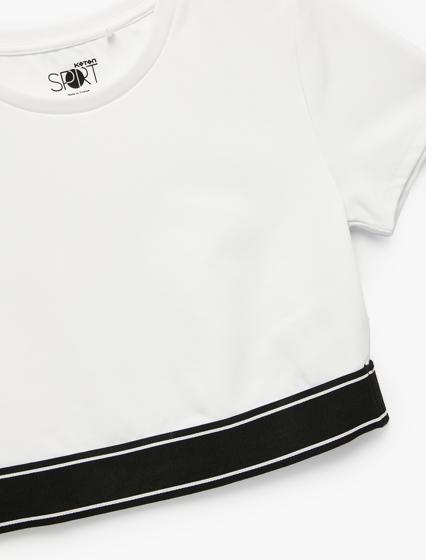   Slim Fit Kısa Kollu Bisiklet Yaka Beli Lastikli Crop Spor Tişört