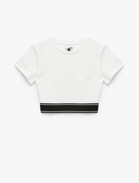 Slim Fit Kısa Kollu Bisiklet Yaka Beli Lastikli Crop Spor Tişört