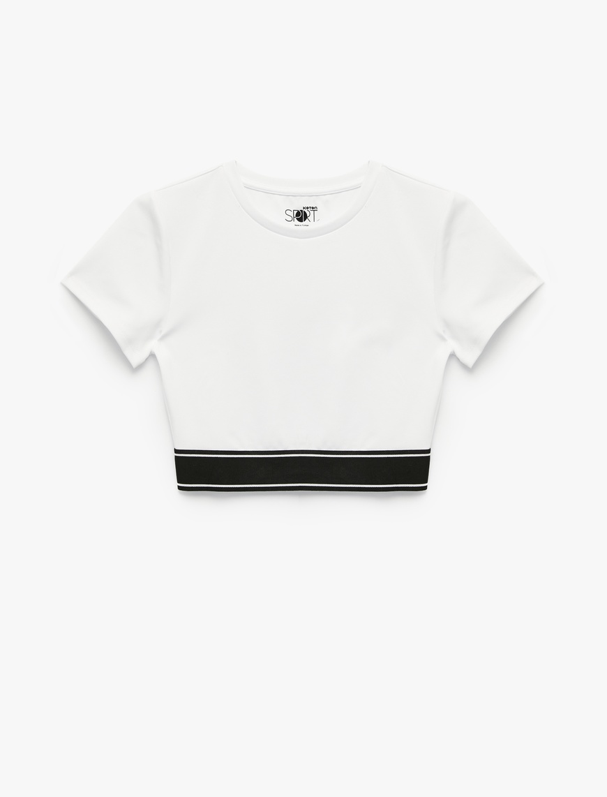   Slim Fit Kısa Kollu Bisiklet Yaka Beli Lastikli Crop Spor Tişört