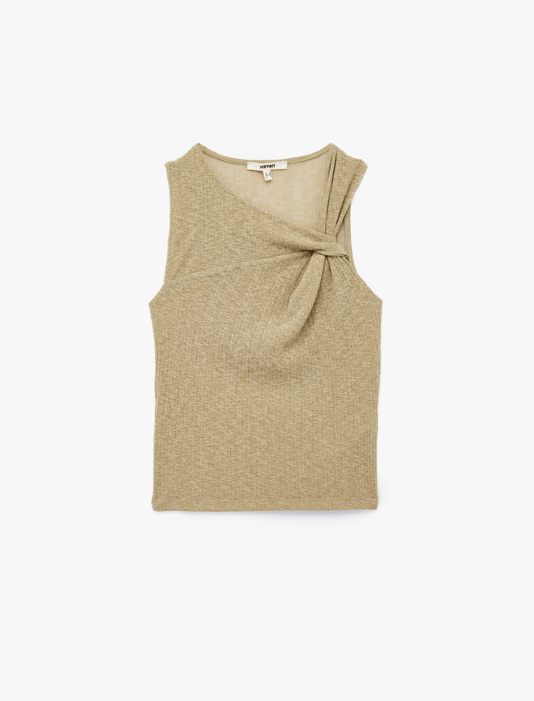   Asimetrik Yaka Düğüm Detaylı Dokulu Kolsuz Tişört