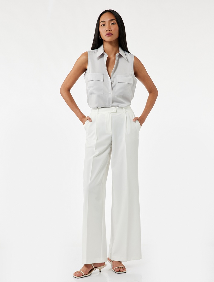  Kapaklı Cep Detaylı Klasik Yaka Kolsuz Saten Gömlek