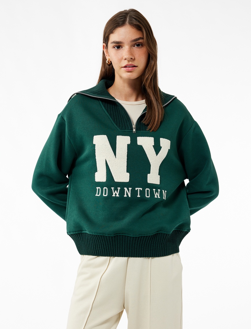   Şardonlu Uzun Kollu Yarım Fermuarlı Ayıcık Nakışlı Oversize Sweatshirt