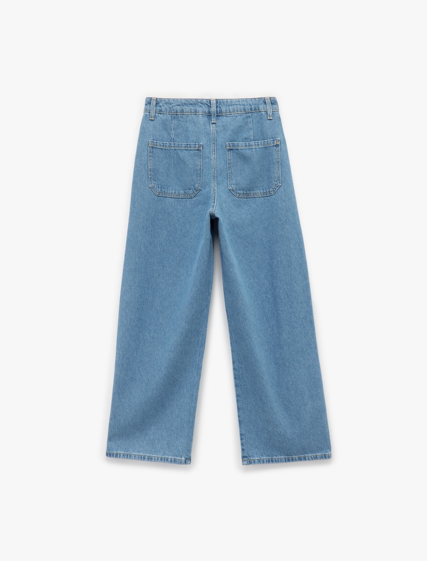  Normal Paça Düğmeli Yüksek Bel Pamuklu Geniş Paça Crop Jean Pantolon - Wide Leg Jeans