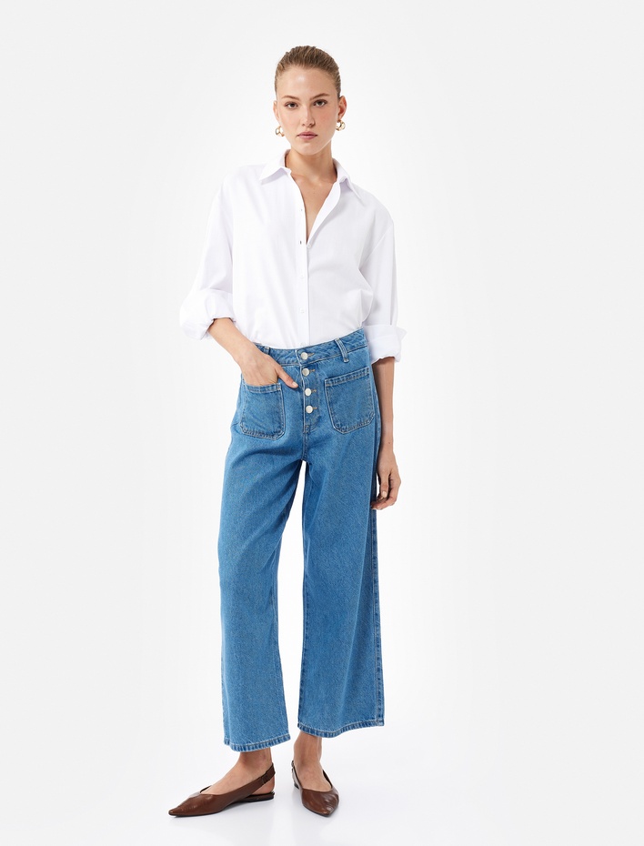 Normal Paça Düğmeli Yüksek Bel Pamuklu Geniş Paça Crop Jean Pantolon - Wide Leg Jeans