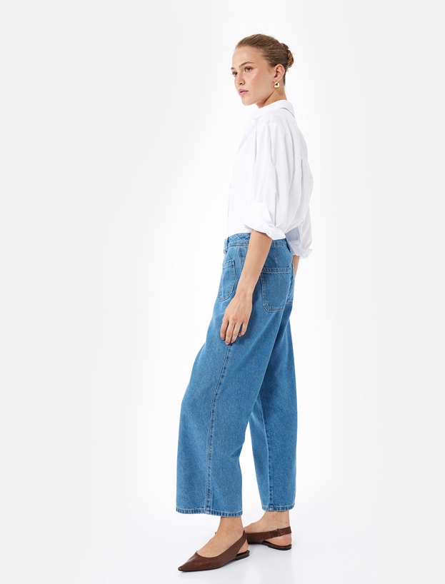 Normal Paça Düğmeli Yüksek Bel Pamuklu Geniş Paça Crop Jean Pantolon - Wide Leg Jeans_1