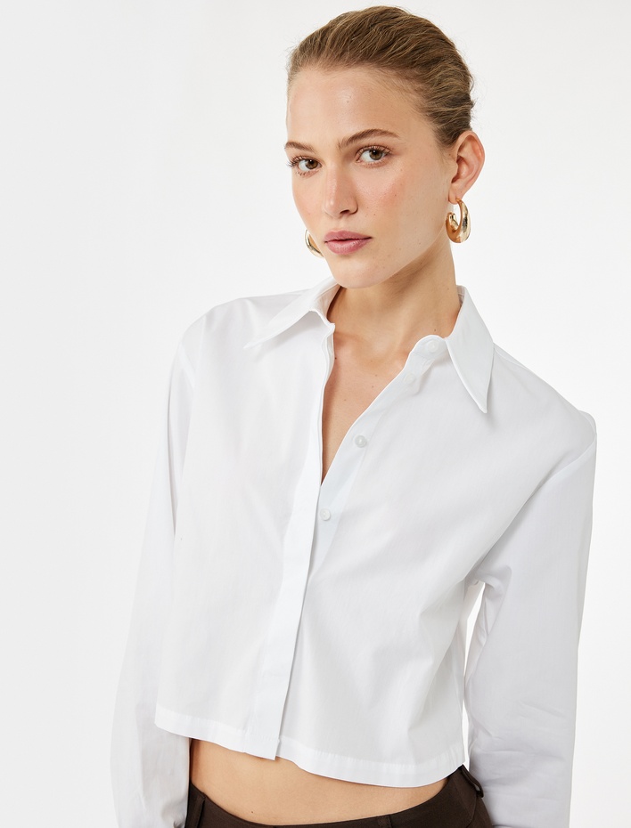  Uzun Kollu Klasik Yaka Oversize Poplin Crop Gömlek