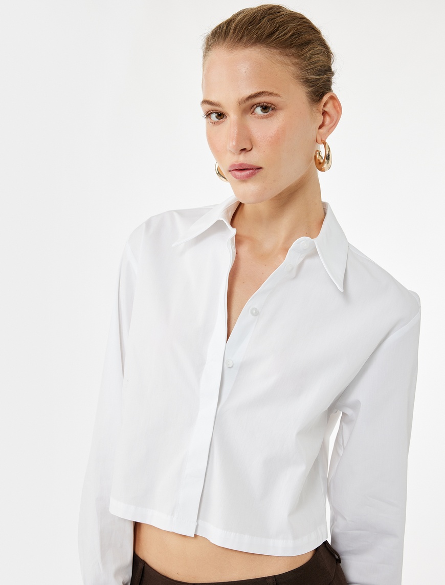   Uzun Kollu Klasik Yaka Oversize Poplin Crop Gömlek