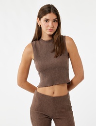 Bisiklet Yaka Kolsuz Basic Crop Bluz