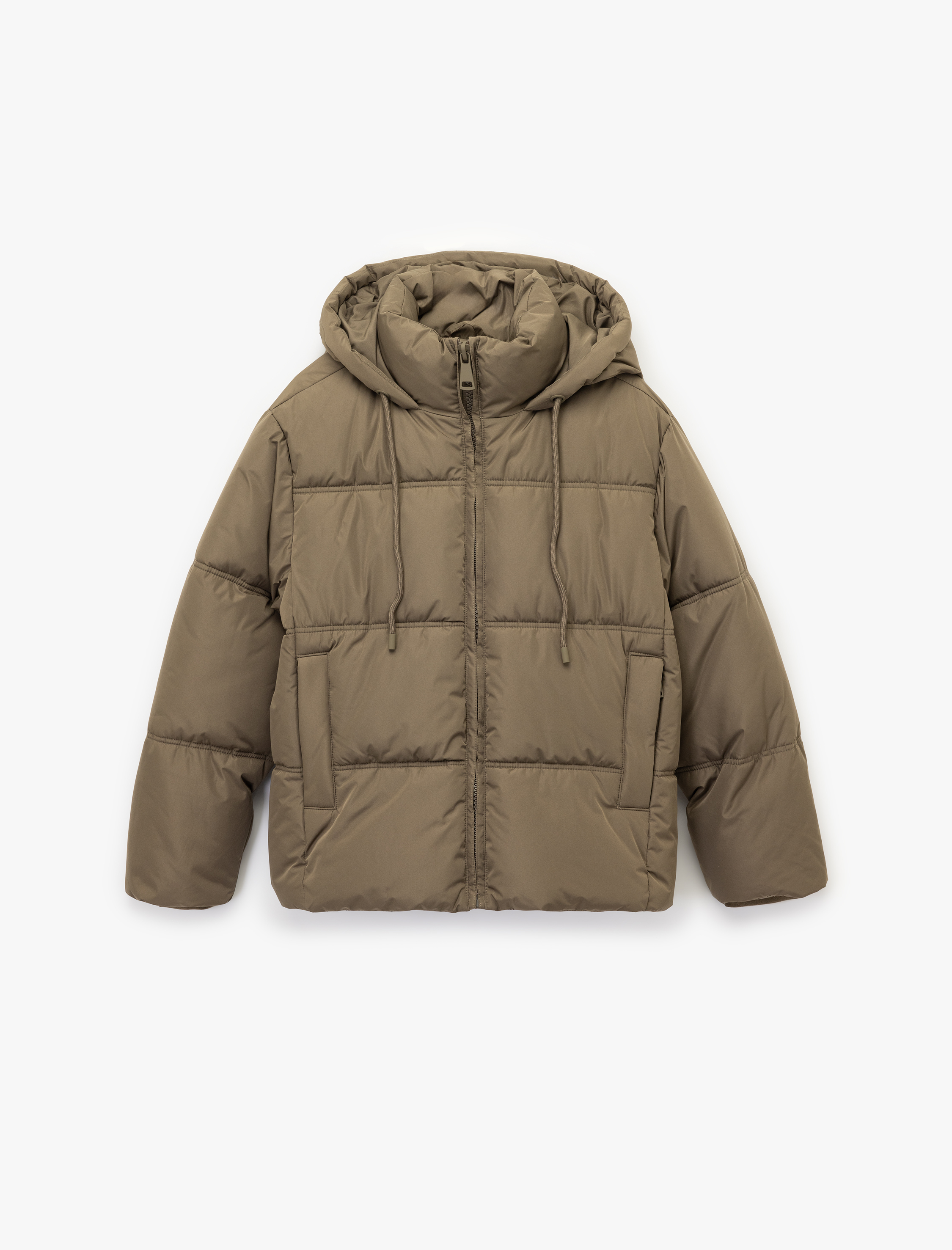   Uzun Kollu Cepli Fermuarlı Su İtici Kapüşonlu Anorak Şişme Mont