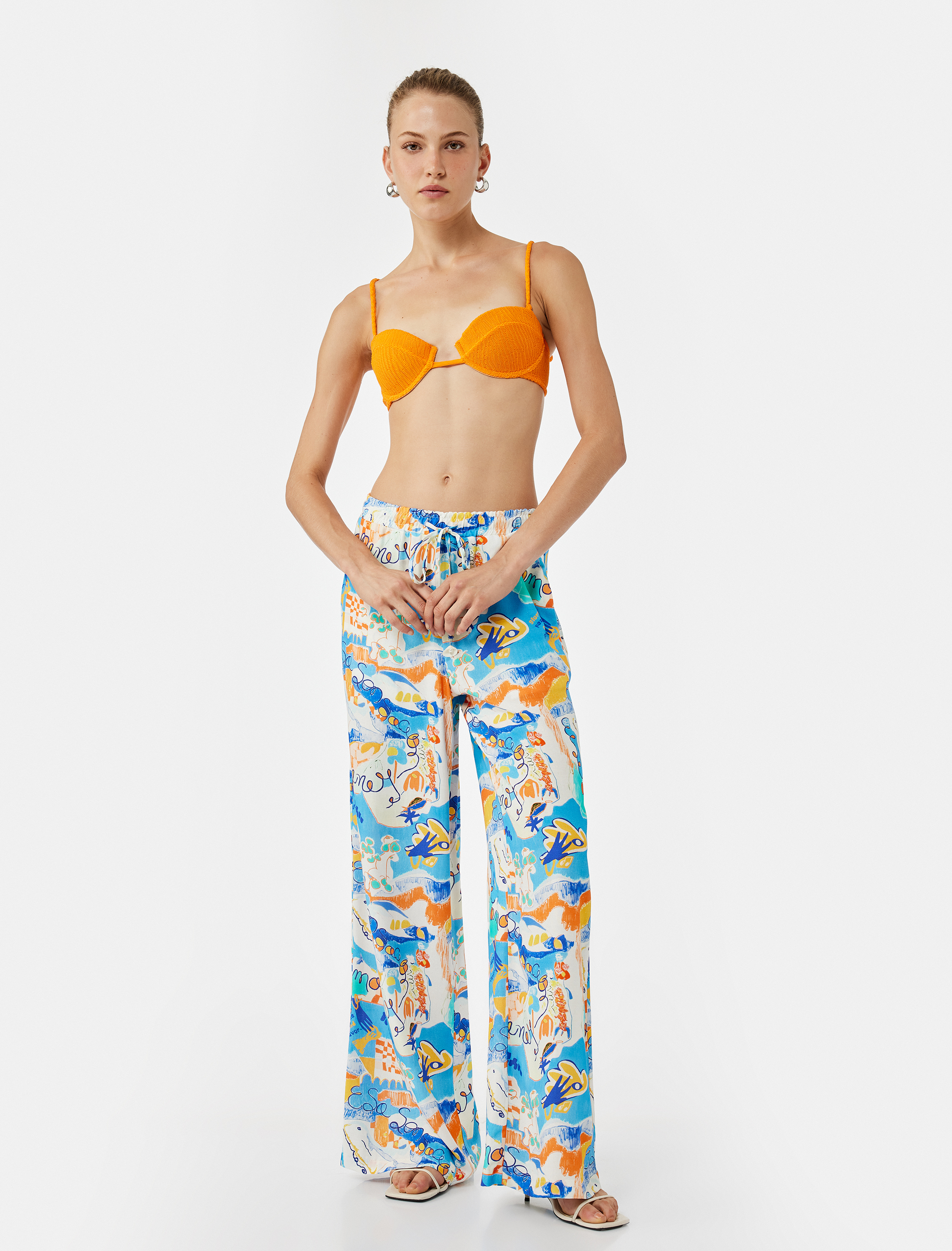   Koton X Şahika Ercümen - Keten Karışımlı Desenli Bol Paça Pantolon