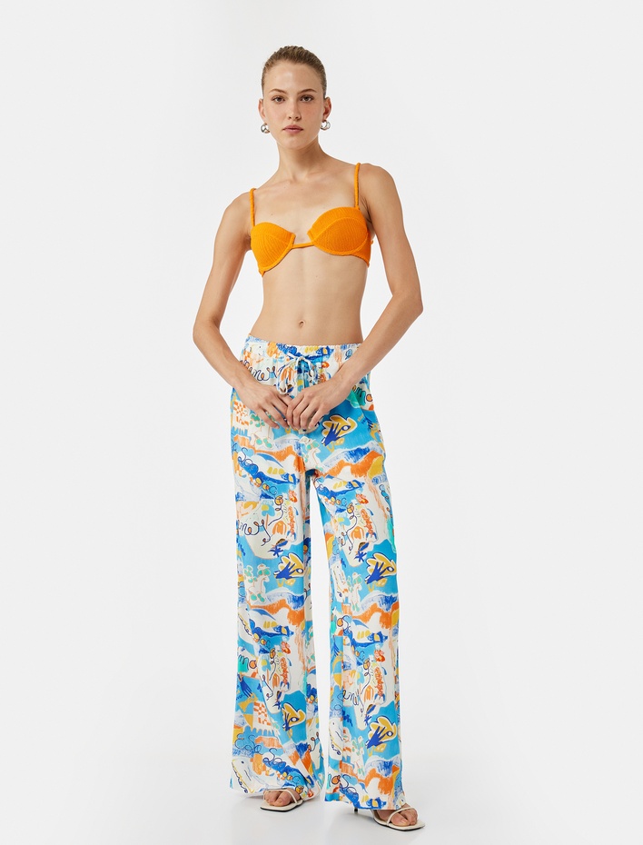  Koton X Şahika Ercümen - Keten Karışımlı Desenli Bol Paça Pantolon