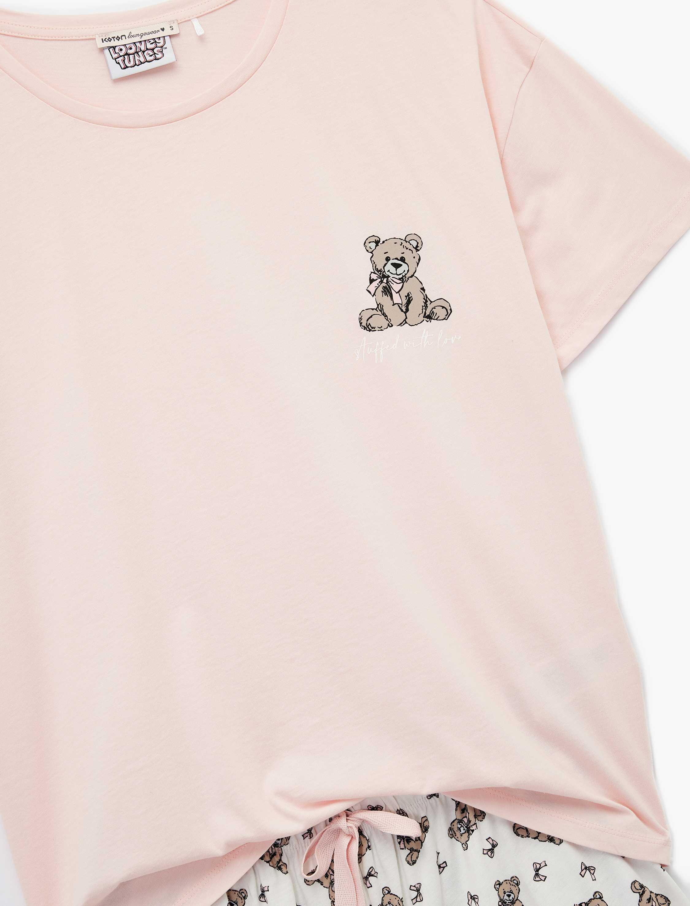   Pamuklu Kısa Kollu Bisiklet Yaka Ayıcık Baskılı Şortlu Pijama Takımı