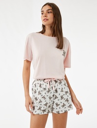Pamuklu Kısa Kollu Bisiklet Yaka Ayıcık Baskılı Şortlu Pijama Takımı